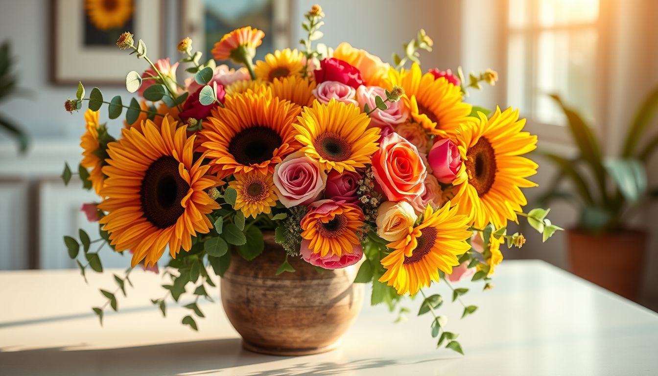 Lush floral arrangement with sunflowers and roses in a ceramic vase