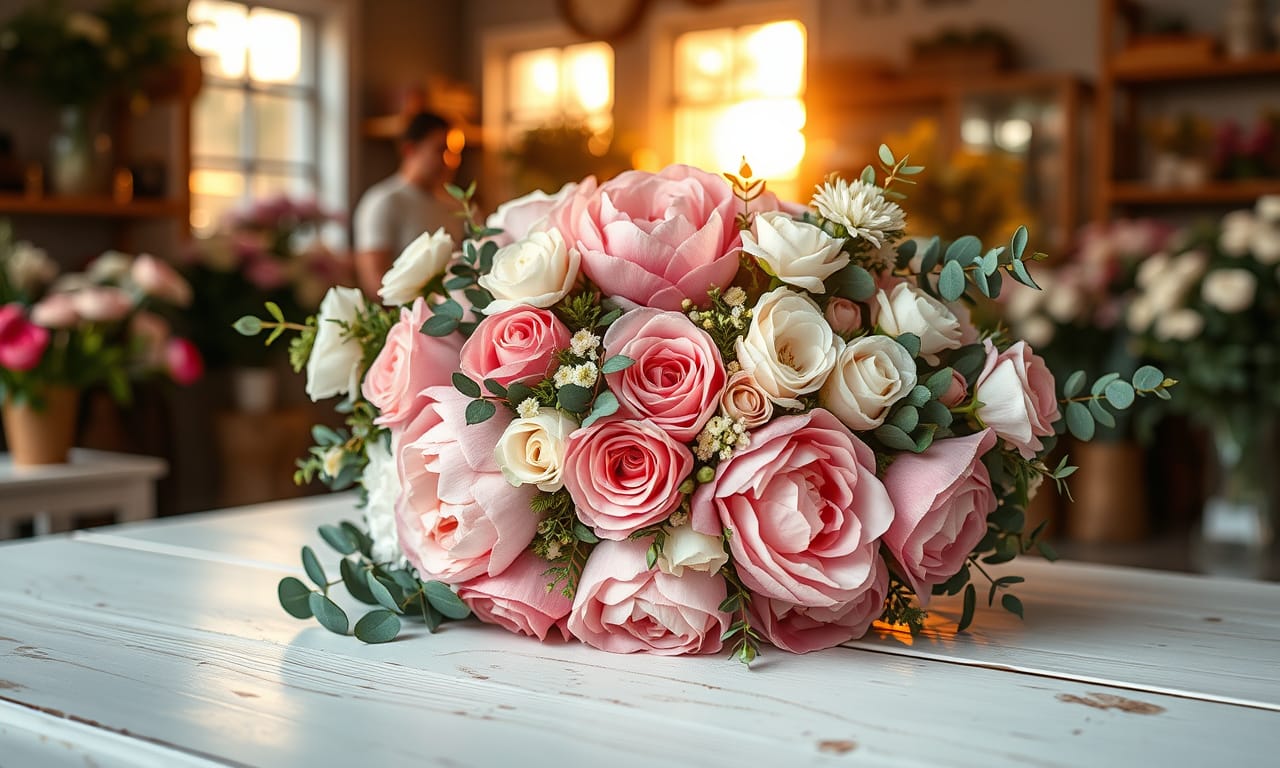 Lush floral arrangement of peonies and roses