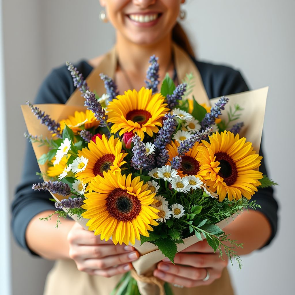 Mixed seasonal bouquet wrapped in kraft paper